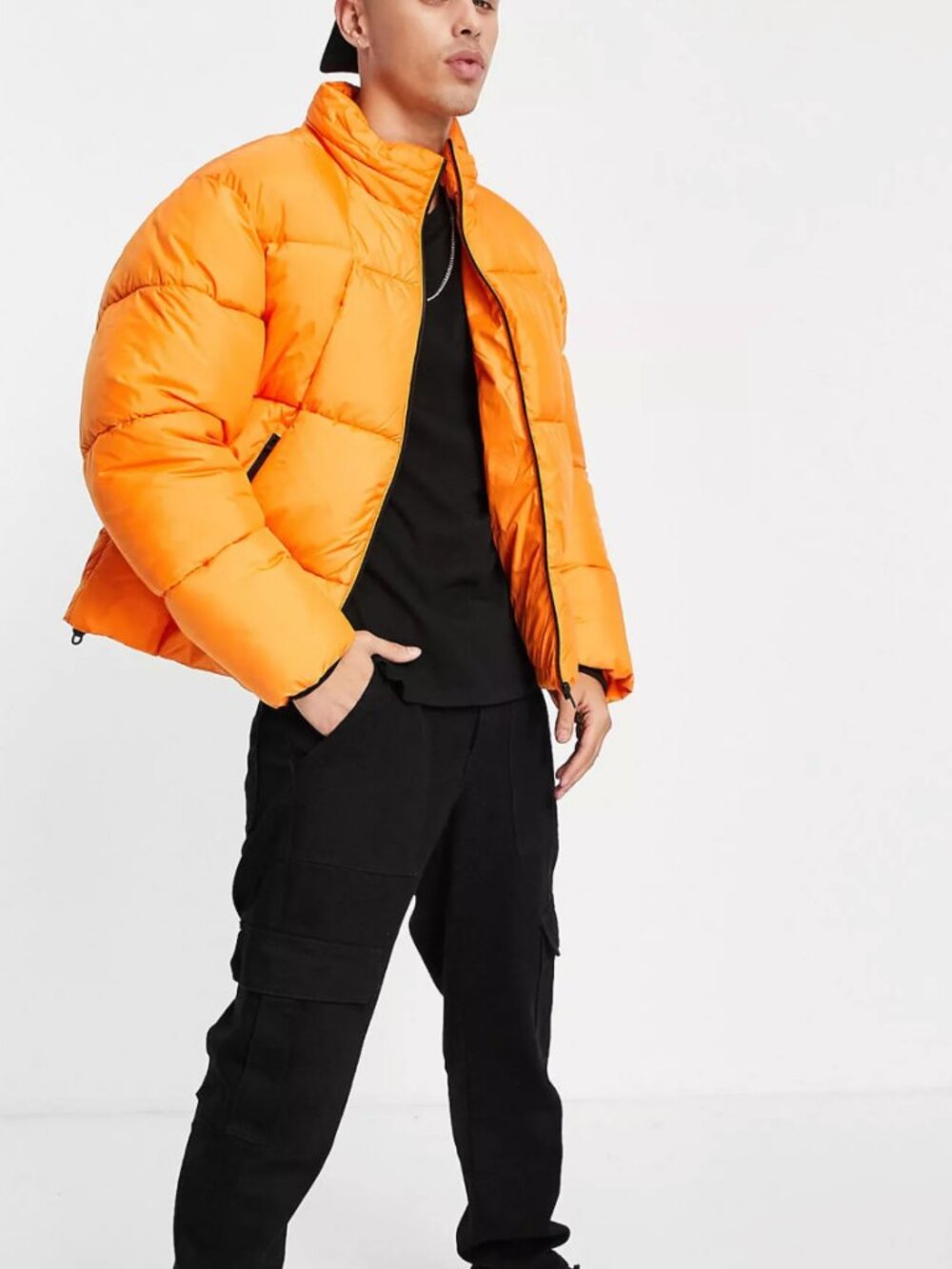 NWT Topman Orange Zip Front Puffer Jacket with Stand Collar in Men's X-Large